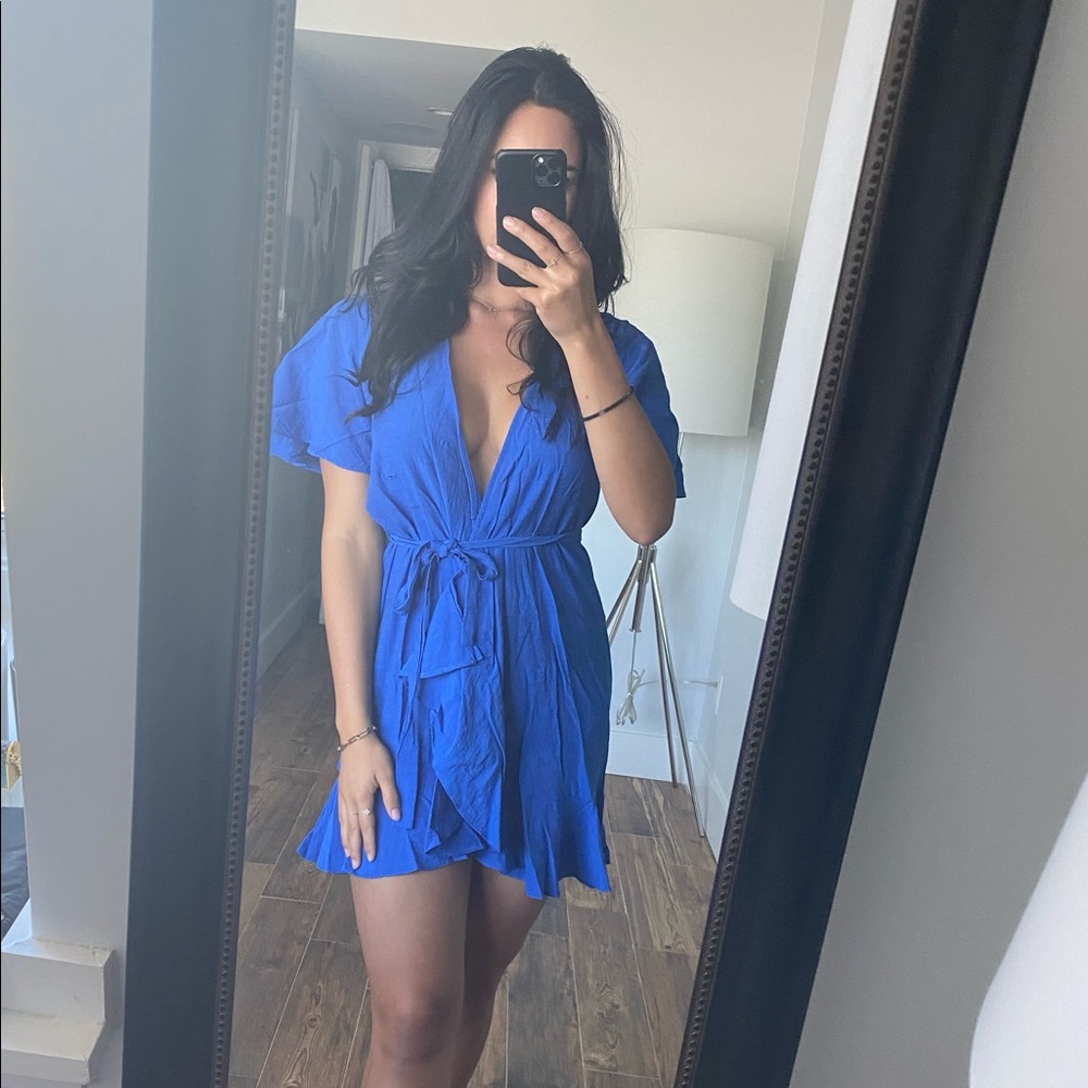 Royal blue plunge linen wrap tie summer dress